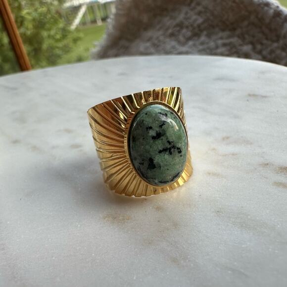 18K Gold Plated Stainless Steel Turquoise Geometric Vintage Band Ring - Picture 6 of 9